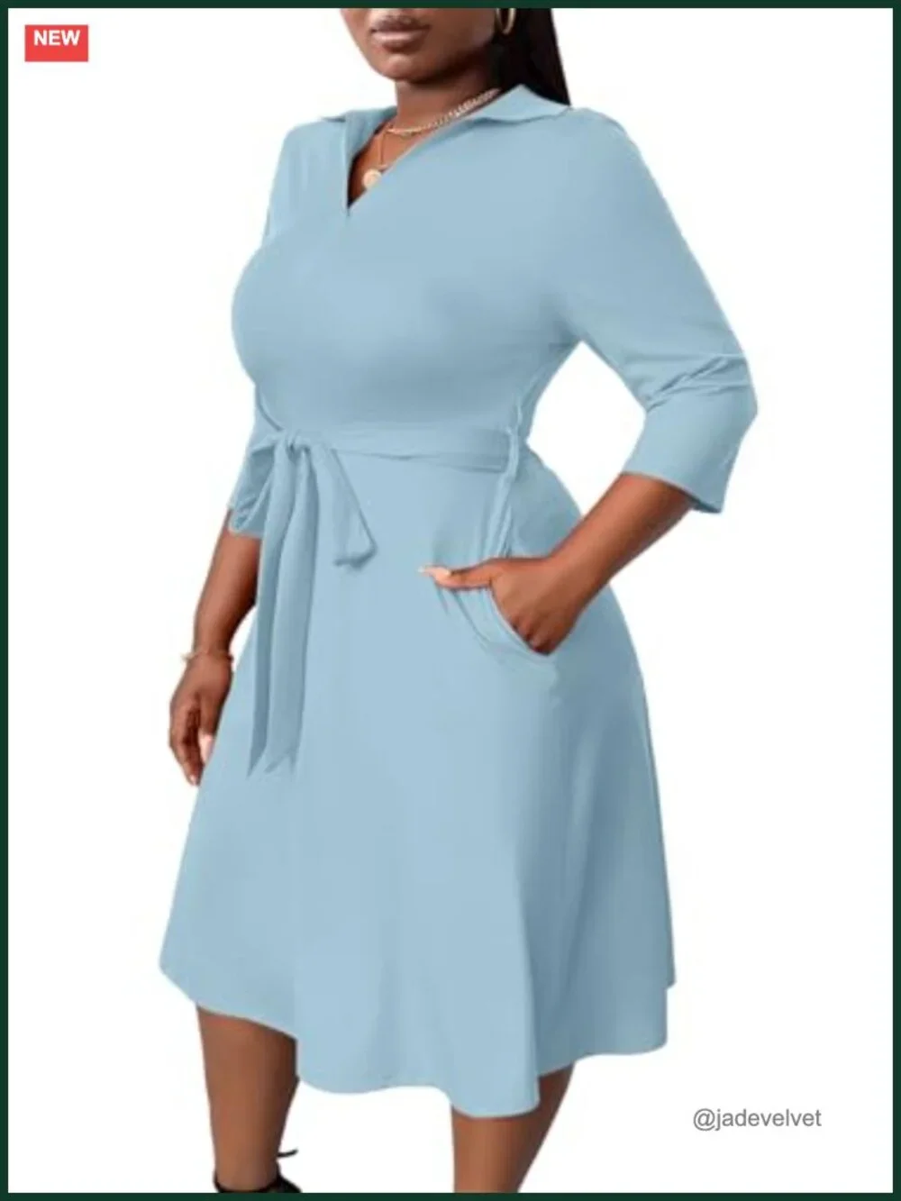 Plus Size Midi Cocktail Dress with Pockets and Belt, 3/4 Sleeve